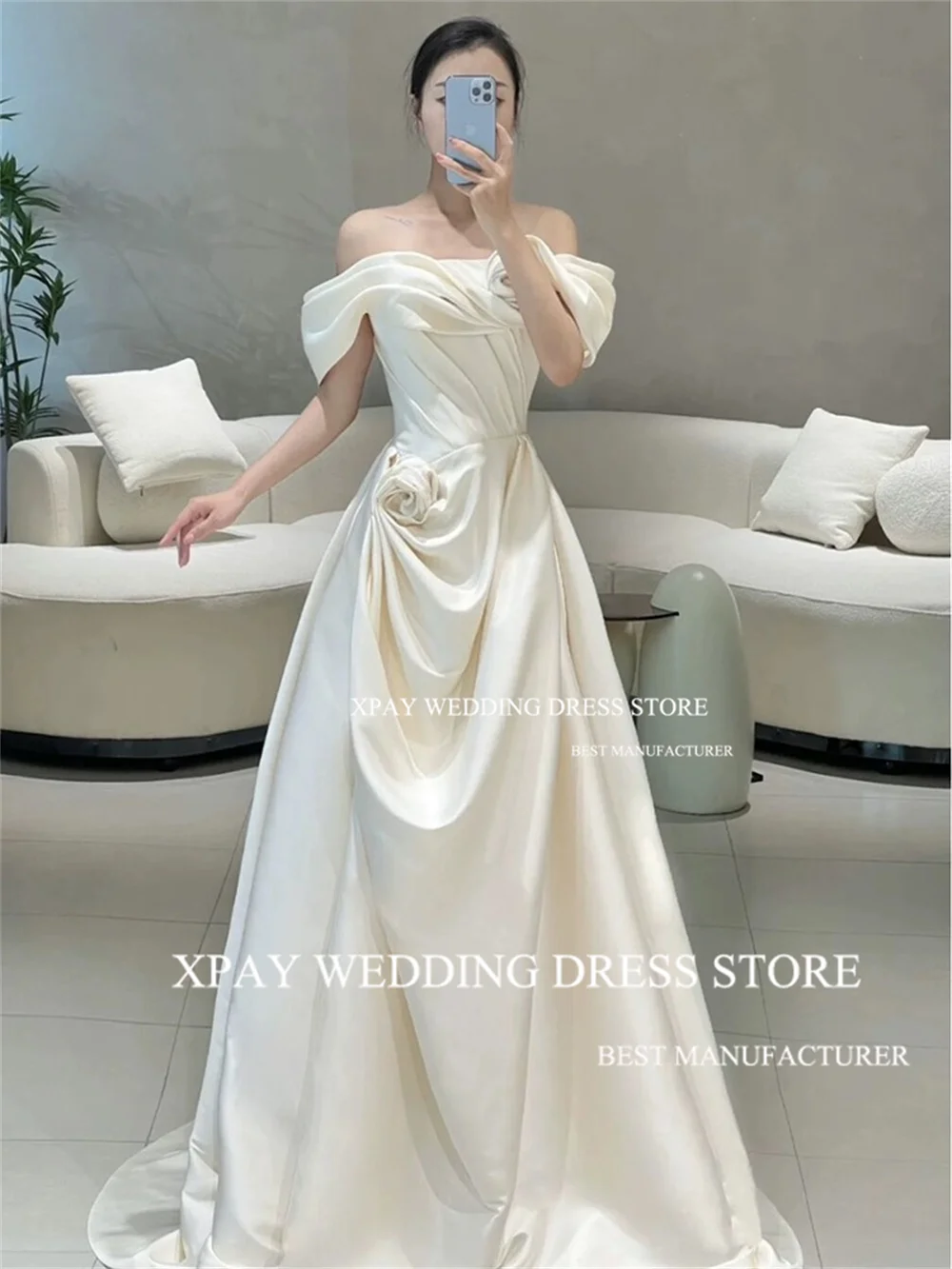 Xpay klassische Korea Satin Brautkleider 3d Blumen Falten Brautkleid Fotos schießen Korsett rücken frei einzigartige elegante Braut Kleid