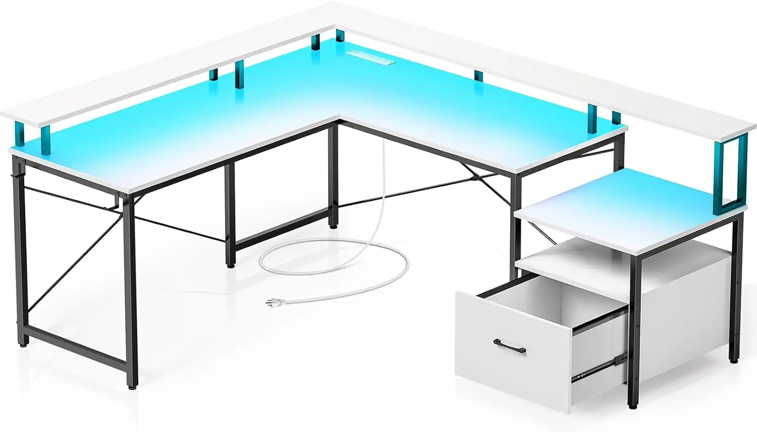Computer Desk with File Drawer, 64" L Shaped Desk with Power Outlet & LED Strip, L Shaped Computer Corner Desk with File Cabinet