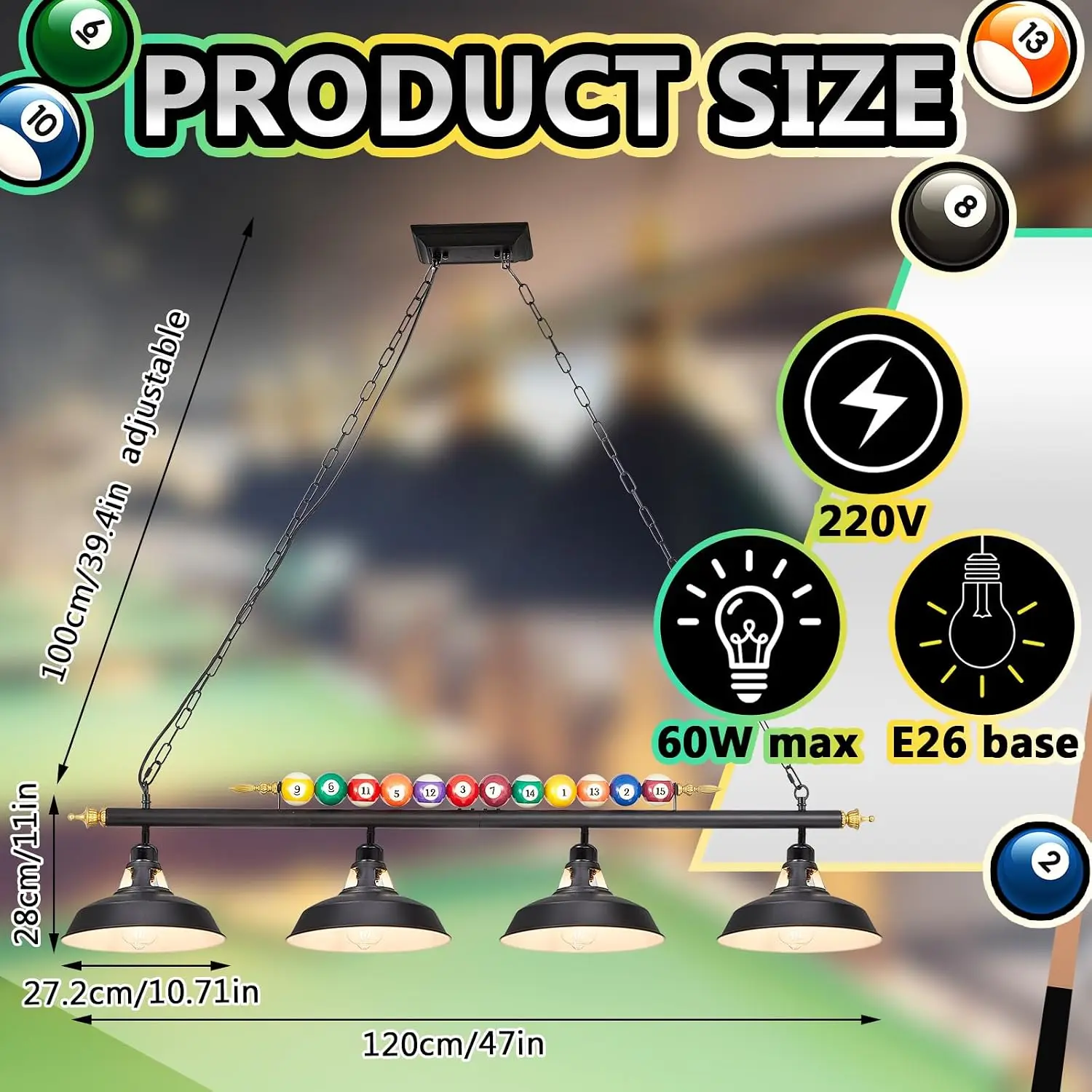 Adjustable Pool Table Lights For 7'-8' Billiard Light Hanging Pool Table Fixture Lighting Pendant Lamp With Metal Shades