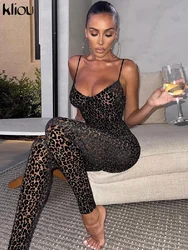 Kliou Flocking Mesh Jumpsuit Women Autumn Sexy Camis Leopard Patchwork Body-Shaping One Piece Clothing Midnight Attire Clubwear