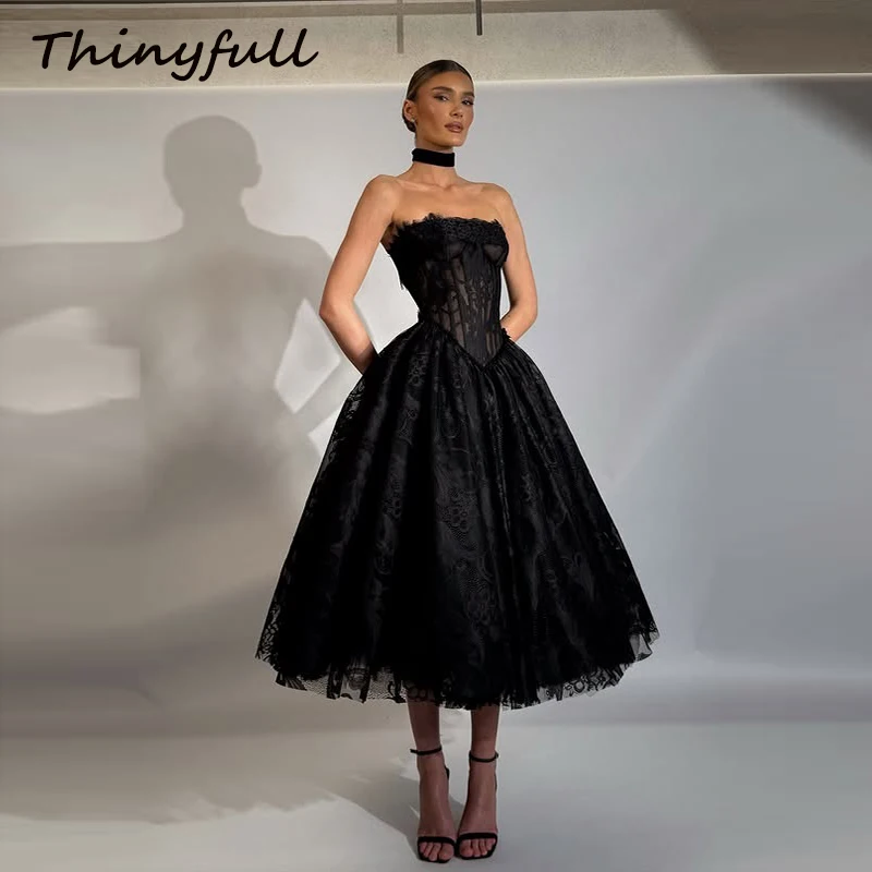 

Thinyfull A-line Black Evening Dress Strapless Sleeveless Lace Prom Dresses Tea-Length Formal Gown robes de soirée Customized