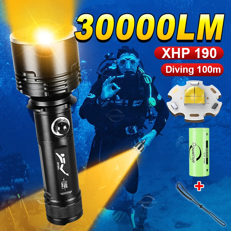 XHP190 Underwater Lantern Yellow Light 3 Modes Professional Diving Flashlight IPX8 Waterproof Underwater Searchlight Scuba Lamp