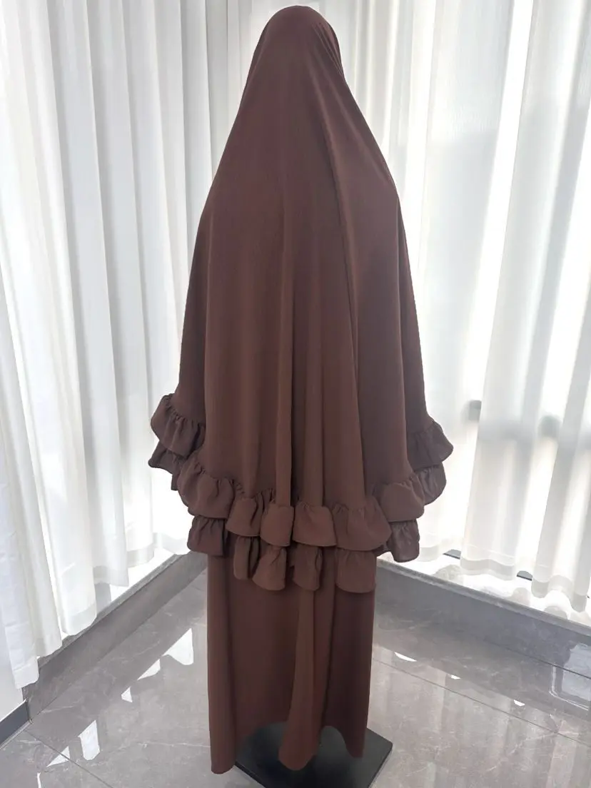 2PCS Ramadan Muslim Women Khimar Jalabiya Ruffle Prayer Garment Islam Clothing Turkey Kaftan Hijab Dress Arabic Robe Niqab Abaya