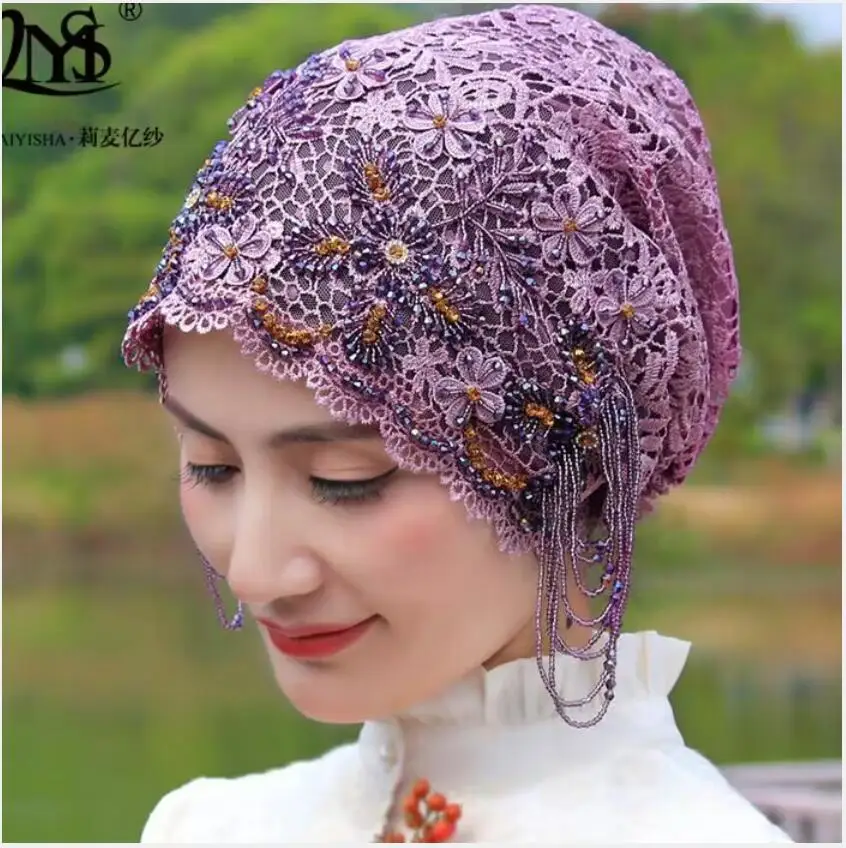 

Fashion Party Luxury Hijab Hui Ethnic Fringed Hat Muslim Hair Tassel Instant Floral Beading Shawl Femme Musulman Islam Headwear