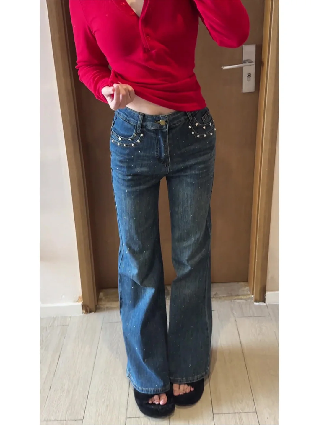 

Slimming Vintage Washed Jeans Pocket Rivet Narrow Straight Leg Jeans Women's Summer New Style Natural Waist Denim Jeans