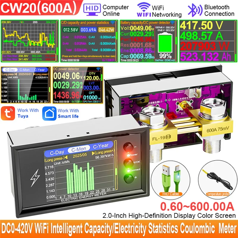 ABGI-電圧クーロンメーター DC ディスプレイ DC0-420V 600A/420V Wifi Tuya スマートデジタルリチウム電池容量検出テスター