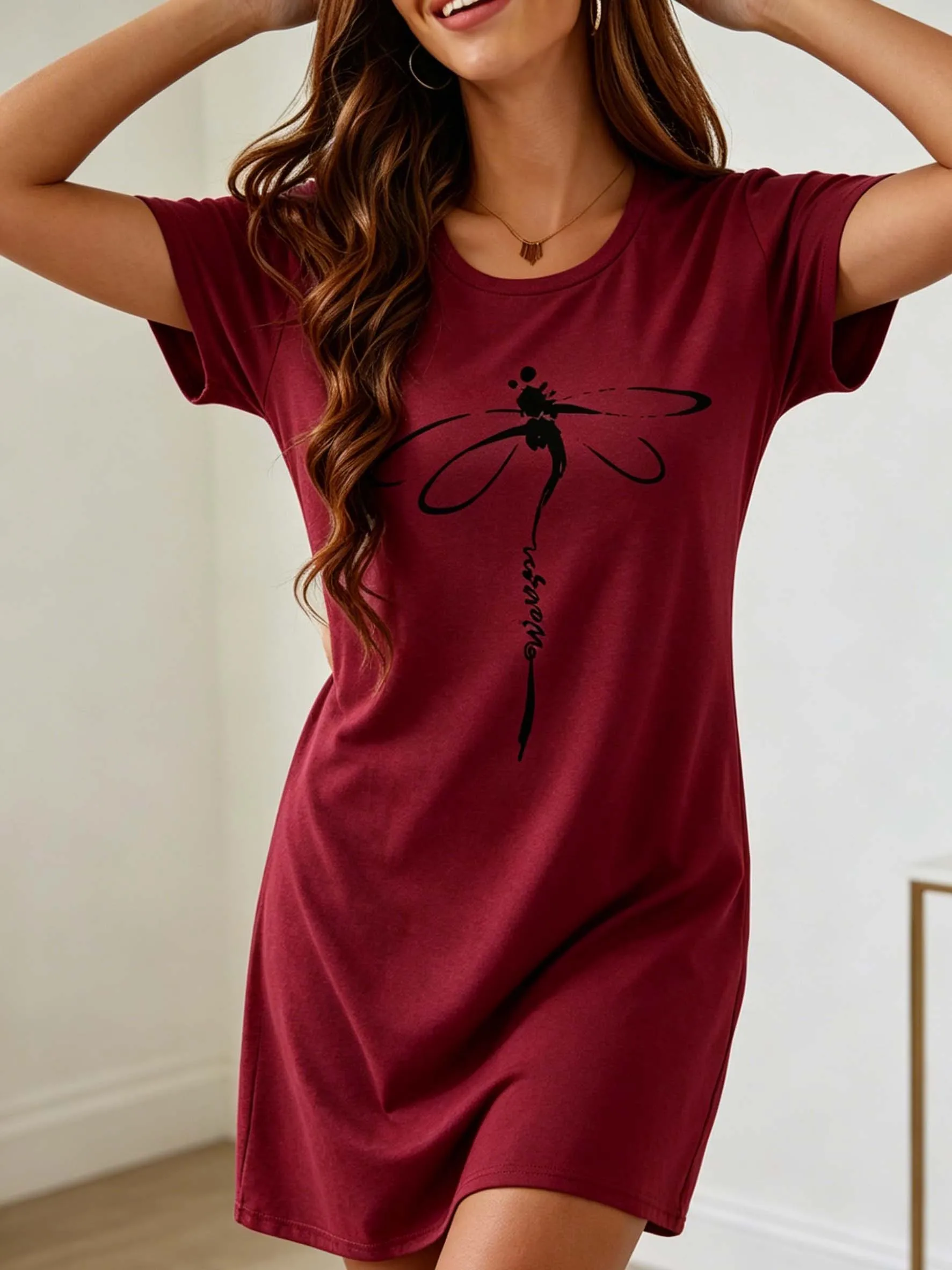Lässiges Kurzarm-Nachthemd mit Libellen-Print für Damen, Modische Sommer-Heimkleidung, Auch für Draußen Tragbar – Detail 3