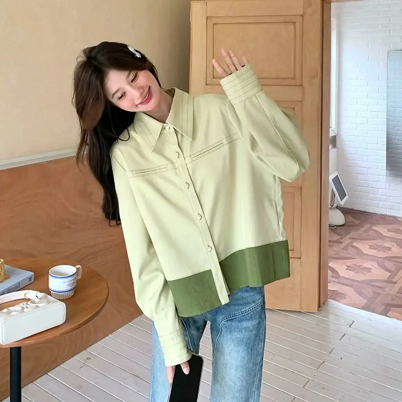 Casual Style Contrast Jacket Women's Spring and Autumn Turn-down Collar Spliced Long Sleeve Jacket Loose Fashionable College Top