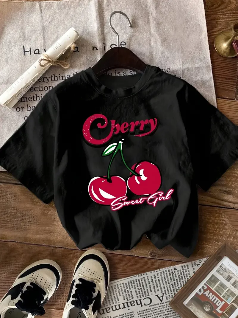 cherry Pattern Cotton T-shirt Women Men Alphabet Print Casual Tshirt Vintage Fashion Clothes Harajuku Summer Unisex Tee shirts