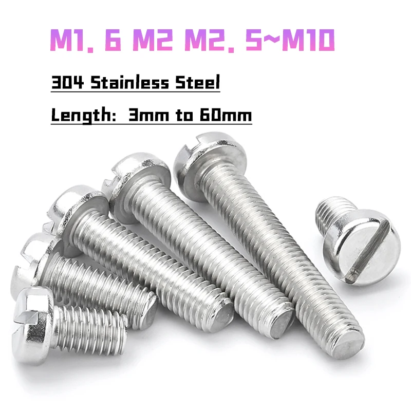 304 Stainless Steel M1.6 M2 M2.5 M3 M4 M5 M6 M8 M10 GB65 Slotted Flat Round Cheese Head Machine Screw Bolt Length 3mm to 60mm