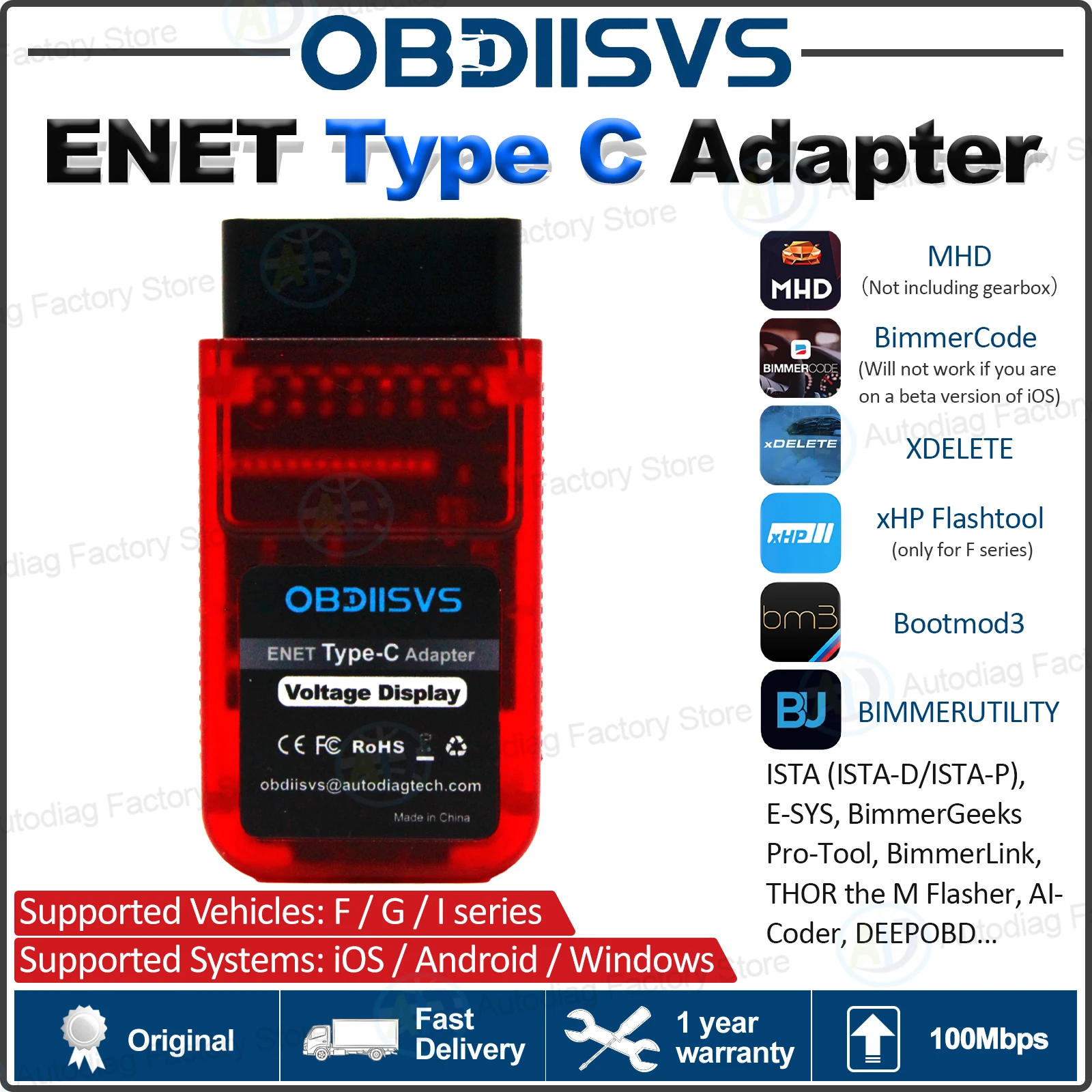 ENET Type C Adapter Ethernet OBD2 Adapter DoIP Coding for F/G Series Compatible with MHD/BimmerCode/BimmerCode/Bootmod3/E-Sys