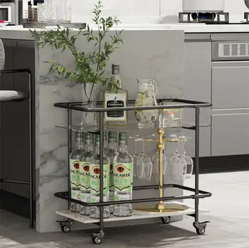 2 Tier Metal Glass Drinks Trolley, Cocktail Table, Kitchen Utility Serving Cart, Mini Bar, Liquor Wine Beverage Storage Rack