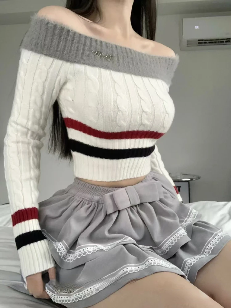 Autumn Vintage Preppy Style Knit 2 Piece Set Women Casual Off Shoulder Slim Sweater Tops + Bow Mini Skirt Sweet Fashion Suit New