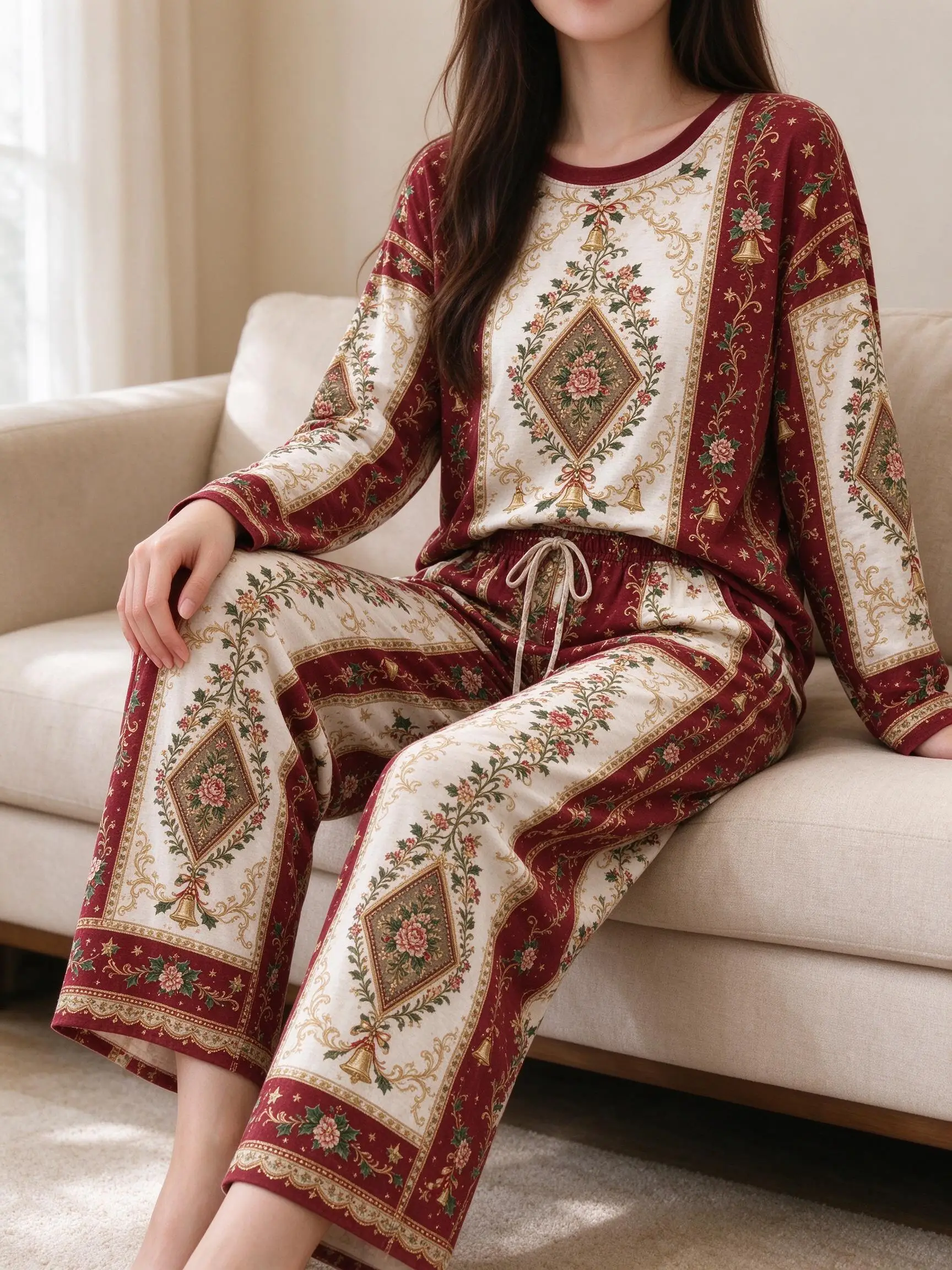 Women Imitation Cotton Loungewear Set Vintage Red Floral Bell Diamond Christmas Print Long Sleeve Wide Leg Pajamas