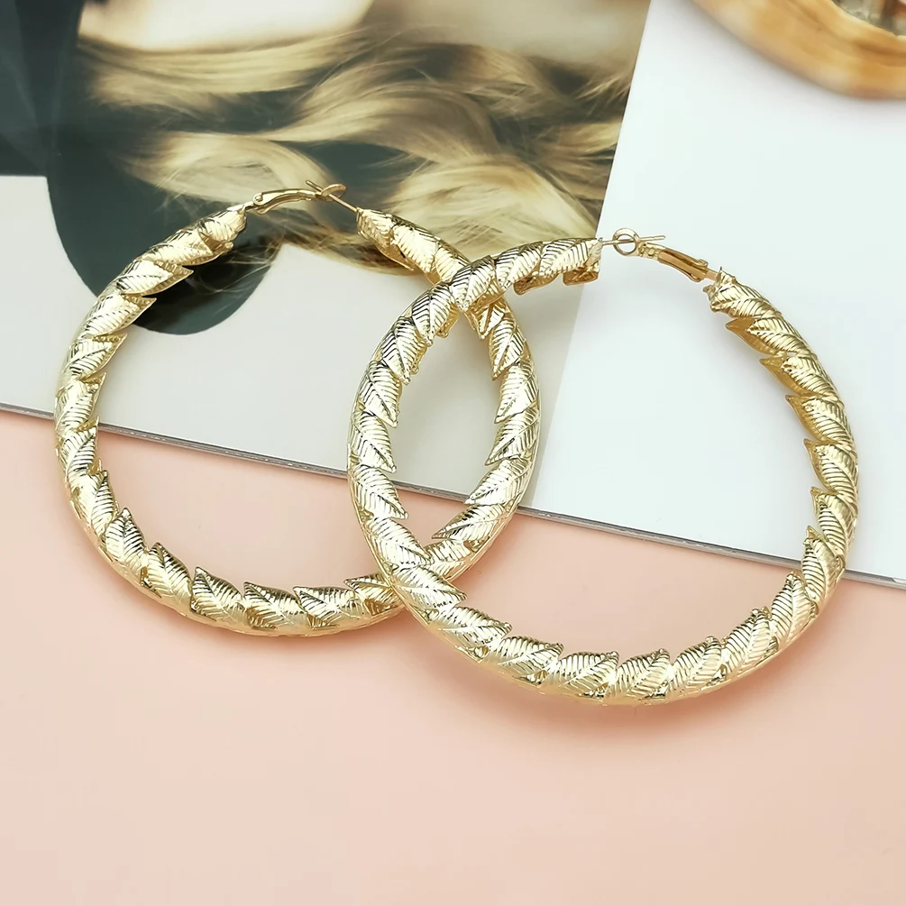 Fashion Chunky Big Hoop Earrings For Women Vintage Leaves Metal Dangle Statement Earring 80mm African Women\'s  Jewelry Punk