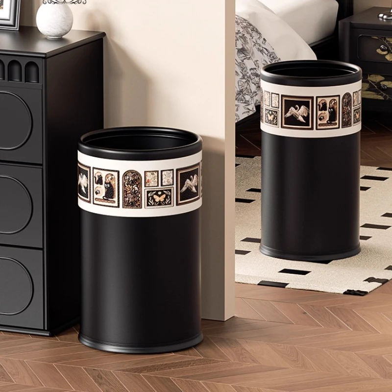

Large Capacity Trash Bin, Light Luxury Leather Wastebasket, High-End Living Room Garbage Can, Creative Pattern Design