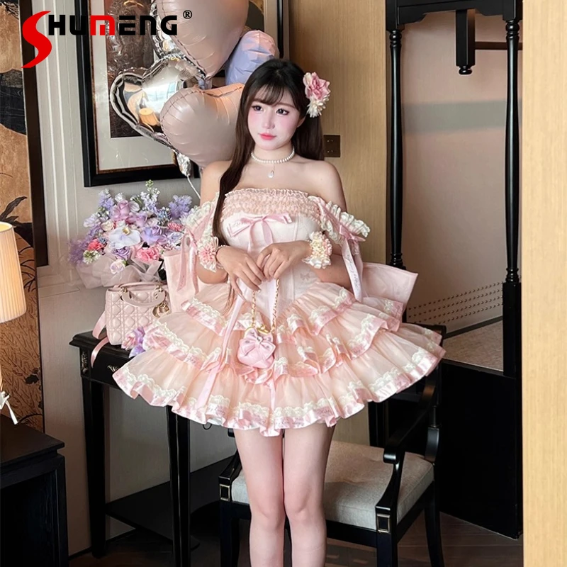 

New French Cute Sweet Pink Black Dress Romantic Girl Style Strapless Off-Shoulder Short Sleeveless High-Waisted Princess Dresses