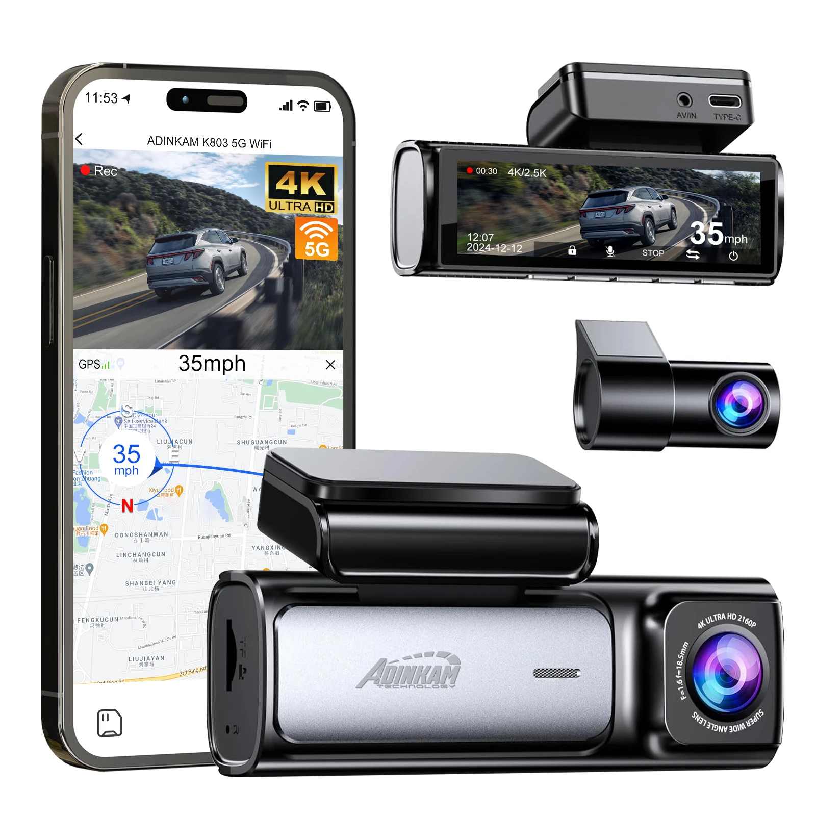 Cámara para Auto ADINKAM de Doble Lente con WiFi 5G y GPS, Grabación Frontal 4K y Trasera 2.5K, Visión Nocturna, Grabación en Bucle, Monitor de Estacionamiento, 1 Año de Garantía