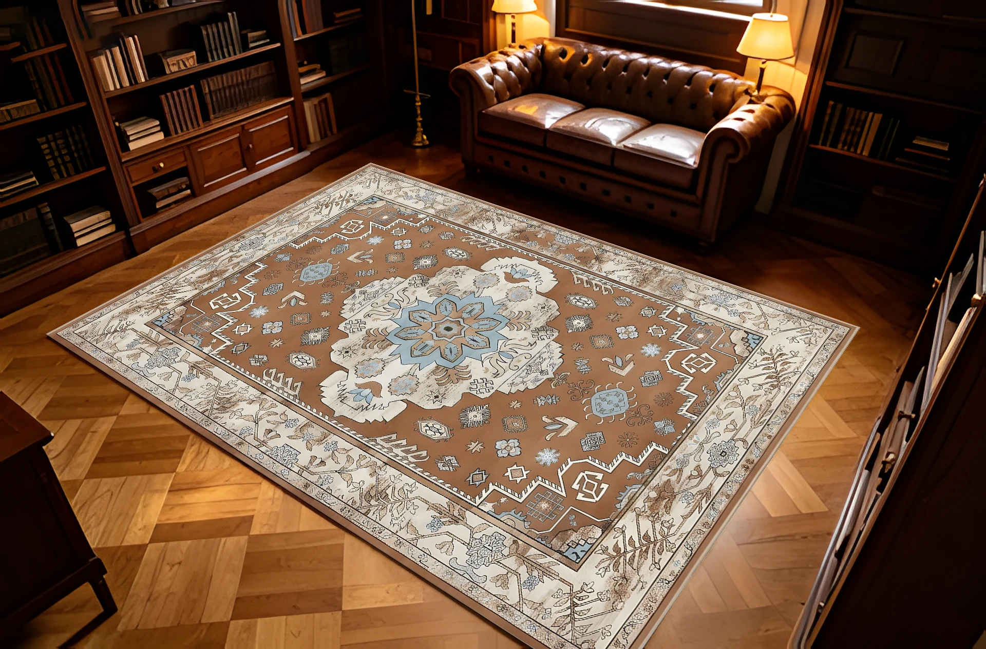 Brown‑Base Vintage Palace‑Style Area Rug, Gorgeous Central Floral Pattern, for Autumn Winter Home Refresh, Decor for Living Room and Study