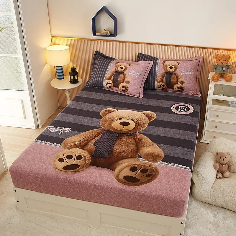 Cute Teddy Bear Pattern Fitted Sheet Set 100% Cotton Anti-slip Mattress Cover with Pillowcases Home Bedding Set for Boys Girls