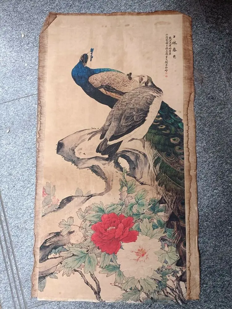 

Chinese Old Calligraphy Painting Scroll Peacock Chart Painting Paper Slice