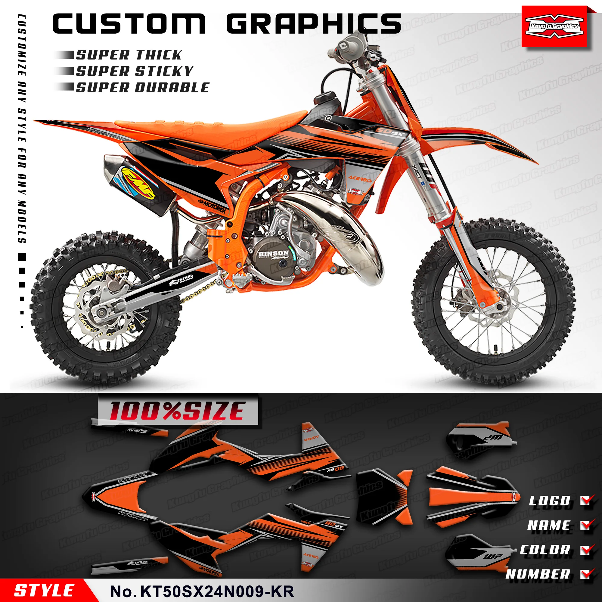 KUNGFU GRAPHICS MX Stickers Enduro Motorcycle Decals for KTM SX50 SX 50 SX 2024 2025 Pit Bike, Customised, KT50SX24N009-KR