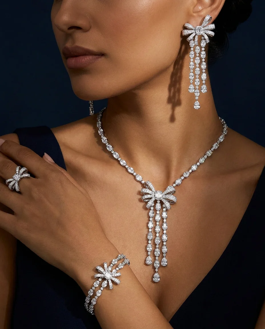 Bride Talk Dubai Luxury Bridal Jewelry Set - Multi-strand Zircon Bow Knot Necklace Earrings Bracelet Ring 4PCS Wedding Accessory