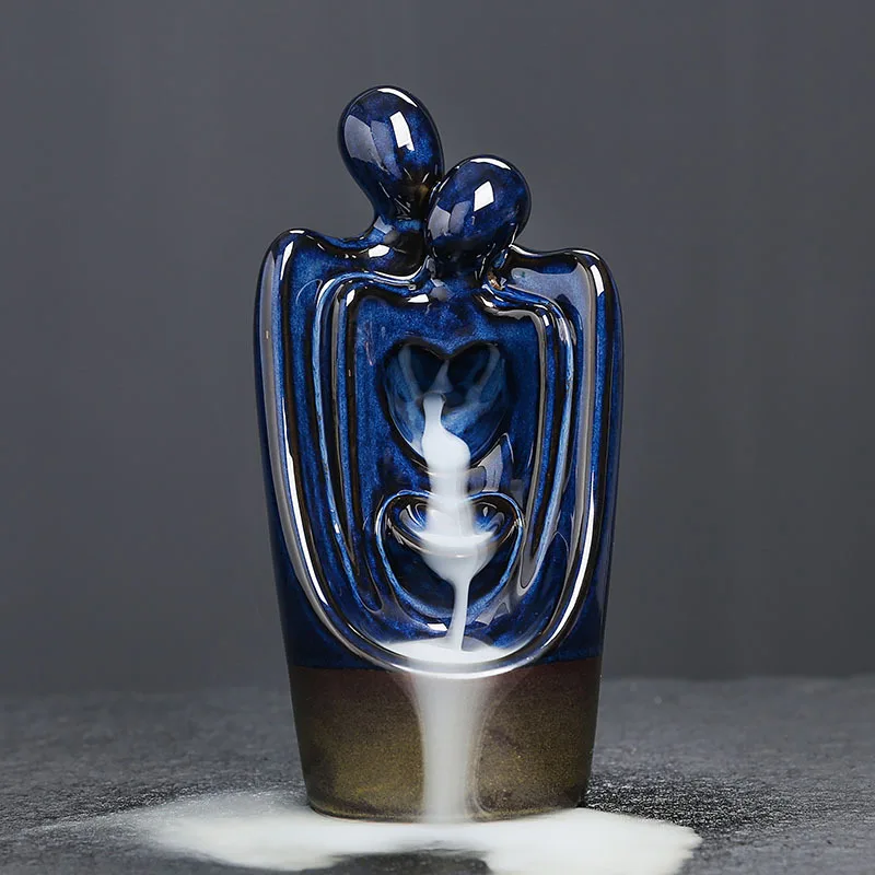 1pc Ceramic Backflow Incense Burner Blue Kiln Variation Aromatherapy Furnace with Abstract Couple Design Valentine's Gift view 3