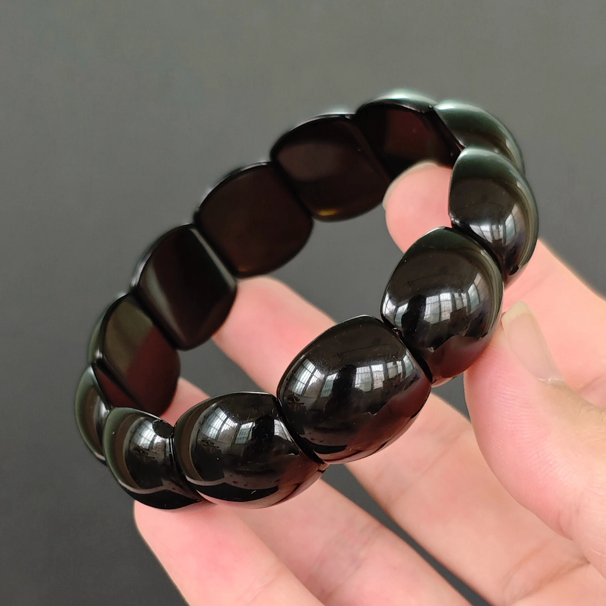Natural Black Obsidian Bracelet 21x17mm Dome Segment Bangle Curved Rectangle Block Volcanic Gemstone Stretch Gift 16-22cm