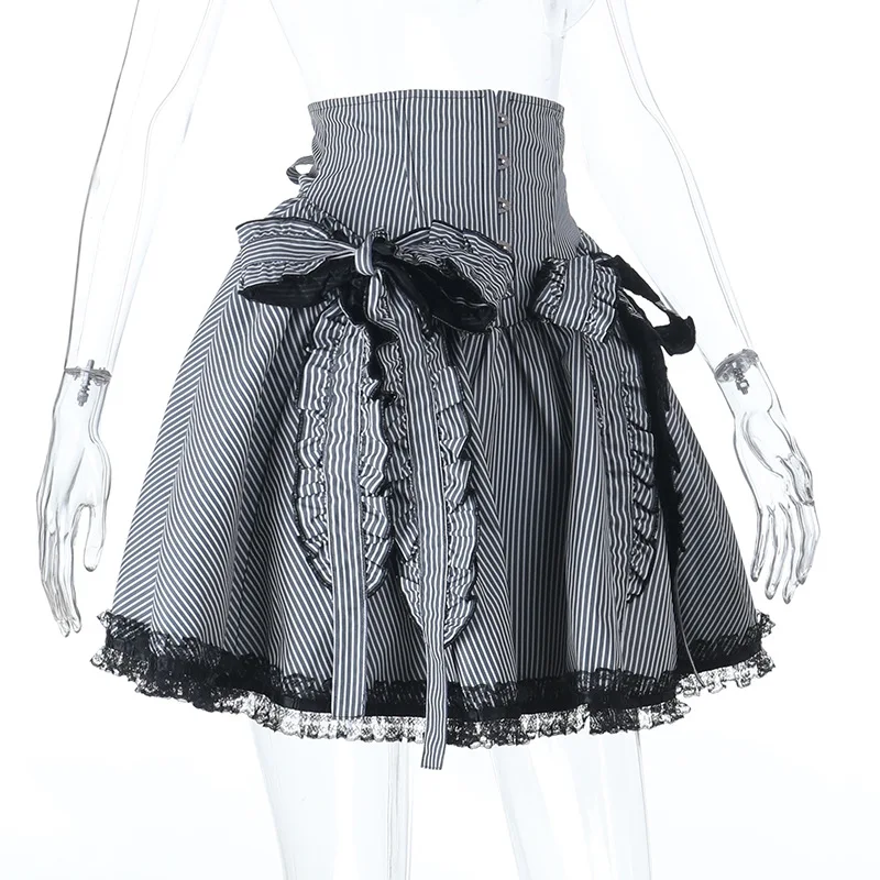 القوطية الحلو المرأة مطوي تنورة الأزياء شريطية صغيرة عالية الخصر تنورة أنيقة Kawaii الصيف عارضة السيدات شريط مطوي تنورة