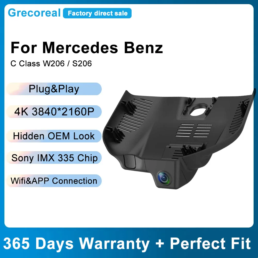 

Grecoreal видеорегистратор Wifi 4K видеорегистратор для Mercedes Benz C Class W206 2023 2022 AMG C43 C63 OEM Автомобильный видеорегистратор Передняя и задняя двойная видеокамера