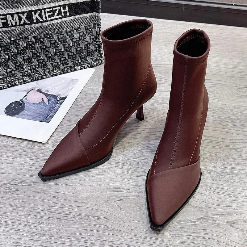 Thin Heels Ankle Modern Boots Winter Sexy 2024 High Quality Women\'s Shoes Slip-on Pointed Toe High Heel Sewing Women\'s Boots