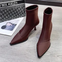 Thin Heels Ankle Modern Boots Winter Sexy 2024 High Quality Women's Shoes Slip-on Pointed Toe High Heel Sewing Women's Boots