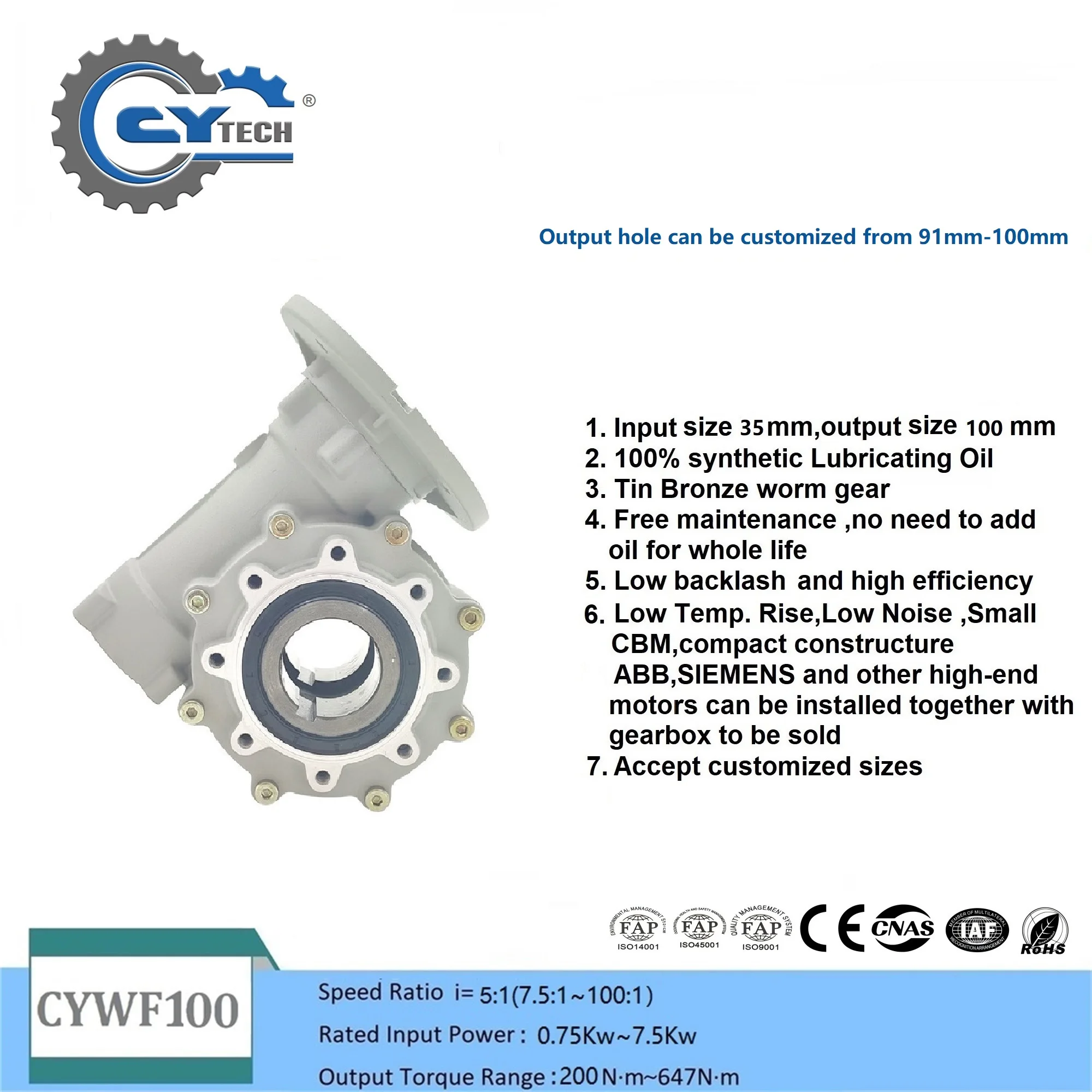 CHENYUE Big output Bore Worm Gearbox CYWF100 Input 35 Output 100 Ratio 5:1/100:1 Torque 200-647N.m Engine 7.5Kw Free Maintenance