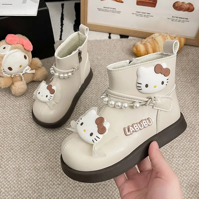 

Kawaii Hello Kitty Sanrio Children Cute Cartoon Comfortable Warm Leather Boots Students Waterproof Boots Flat Shoes for Kids