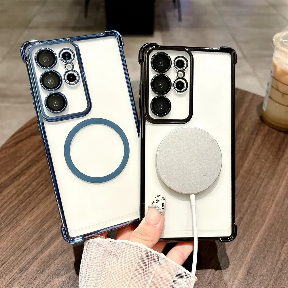 

Прозрачный магнитный чехол для телефона Samsung Galaxy S25 S24 S23 S22 Ultra S25 Plus S23 FE для Magsafe Lens Glass Protective Cover Funda