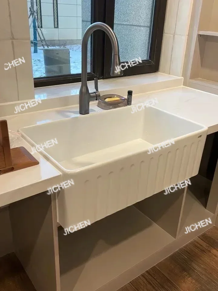 

Retro American style kitchen refractory clay ceramic sink with large single slot white front semi embedded