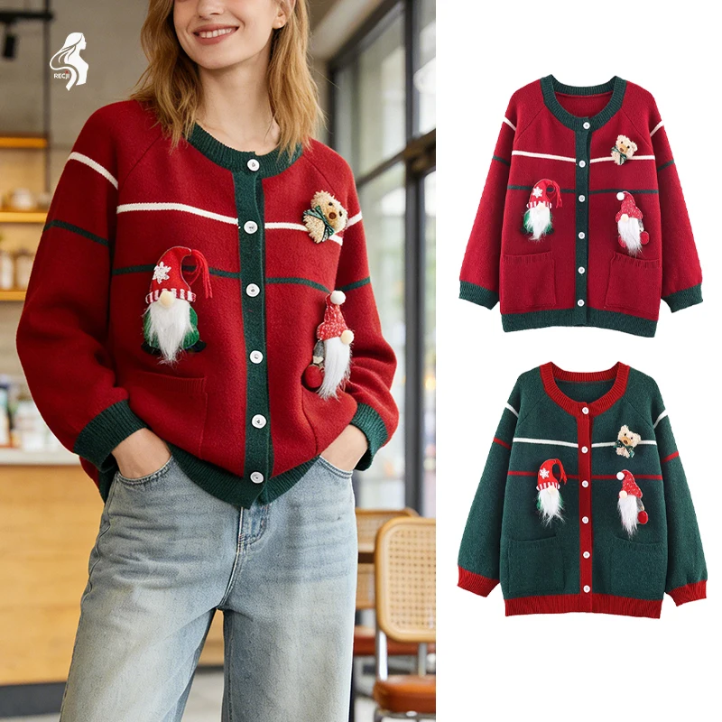 

Womens Christmas Color Block Striped Cardigan With Bear Decoration Round Neck Cute Casual Knit Jacket Women Winter Coats