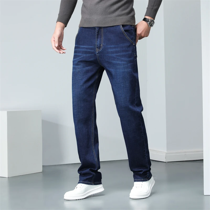 Phong Cách Cổ Điển Trọng Lượng Trung Bình Men'sBusiness Co Giãn Thông Thường Phù Hợp Với Quần Jean Thu Xanh Denim Quần Nam Thương Hiệu Quần