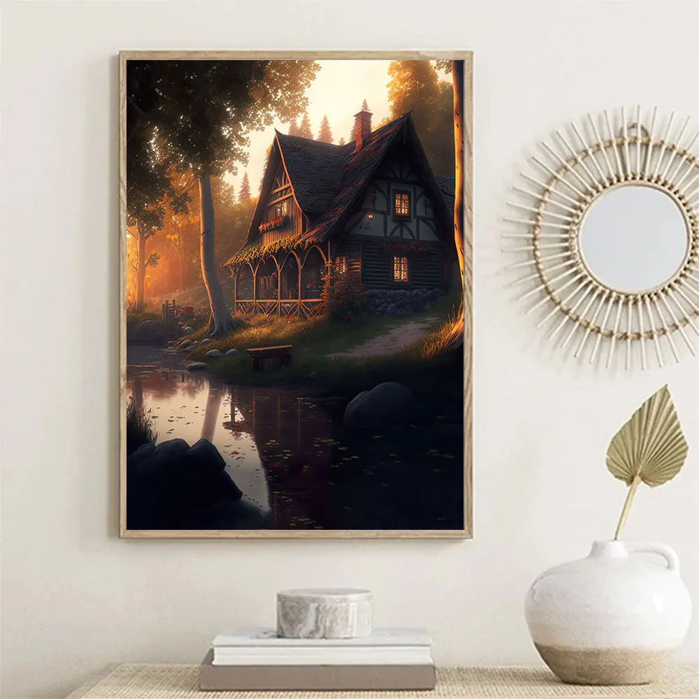 Forest Dream Magic Real Houses Natural Landscape Canvas Painting Wall Art Picture Posters Modern Living Room Home Decor Gifts