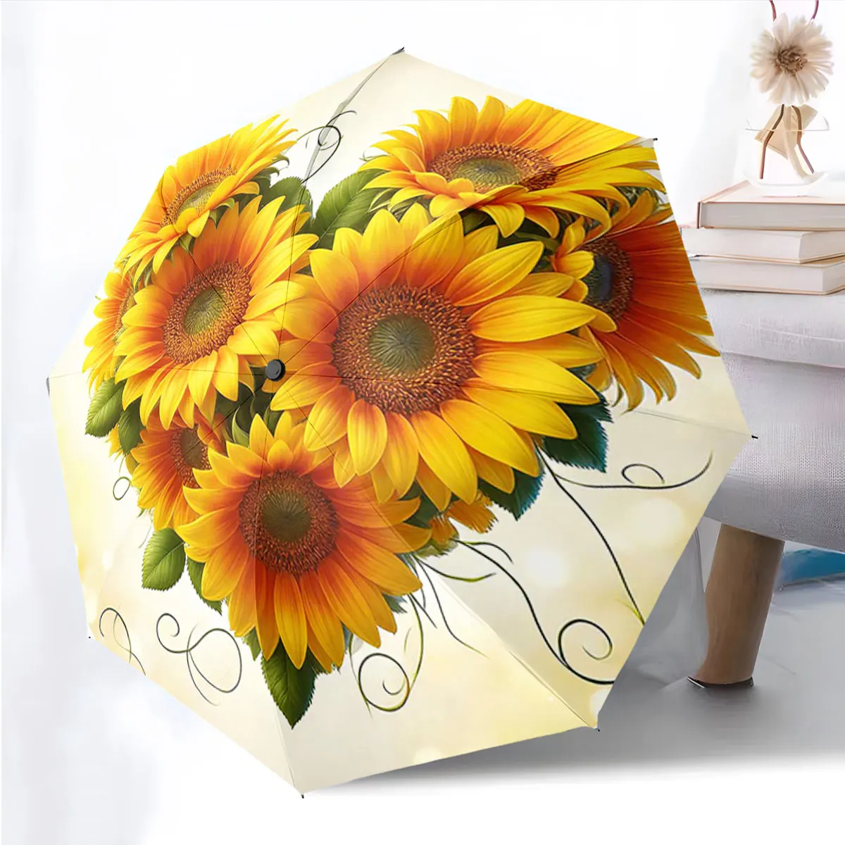 1PC Vibrant Sunflowers on Elegantly Designed Umbrella Print 8 Iron Ribs Folding Umbrella Auto-Open Fashion Sunshade