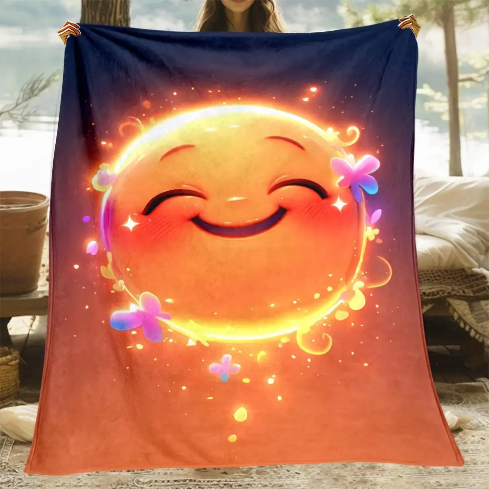 1pc Smiling Face Glow-in-the-Dark Blanket - Soft Flannel Quilted Bedspread with Luminous joyful Face & Stars, Lightweight All-Se