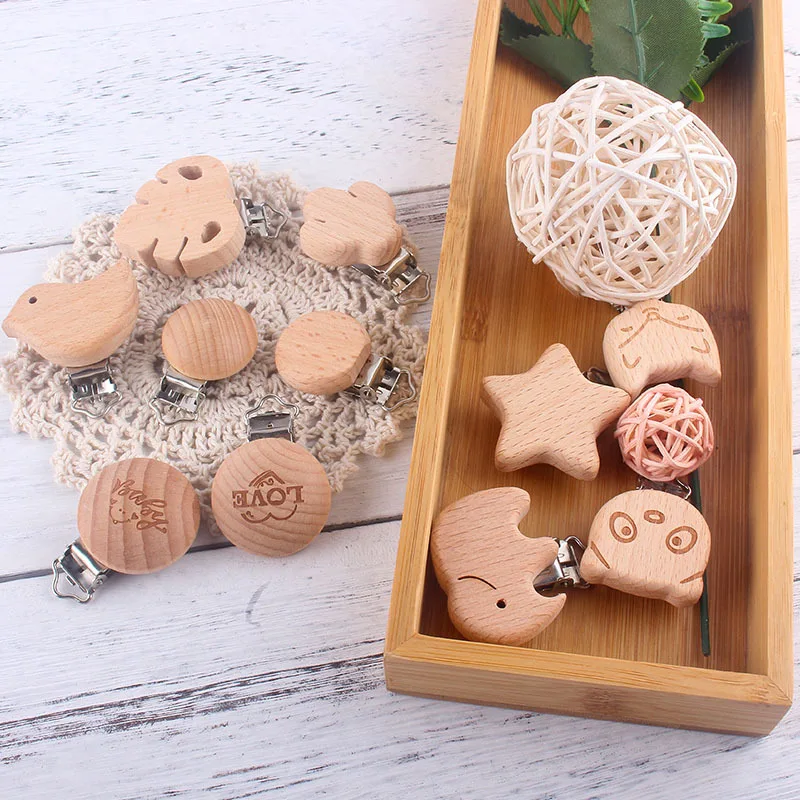 5pcs Speenkoord Clip Teething Pacifier Clip Cartoon Beech Wood Dummy Clip Safety Pacifier Holder Accessories Attache Tetine Bois