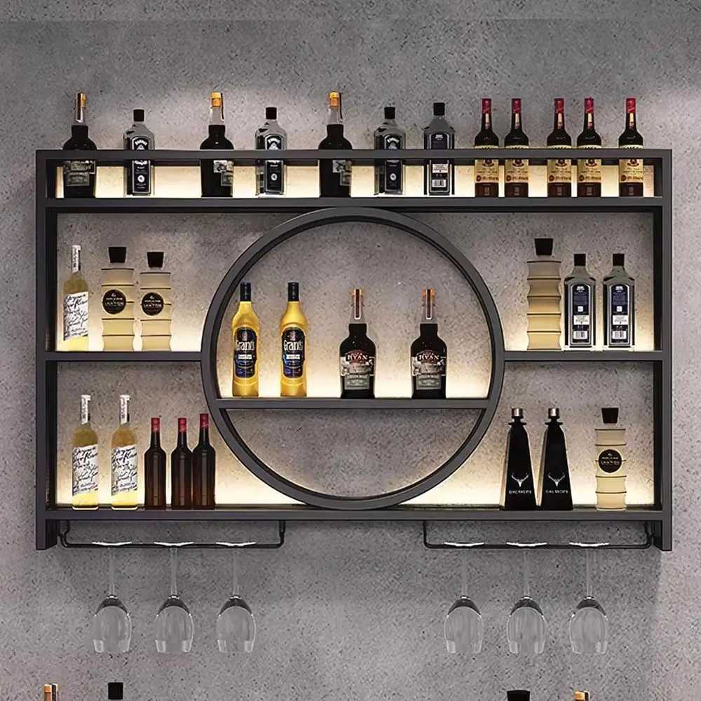 

Metal Wall Mounted Wine Rack with LED Light, Modern 3-Tier Glass Holder and Stemware Shelves for Kitchen, Bar, Dining Room (Blac