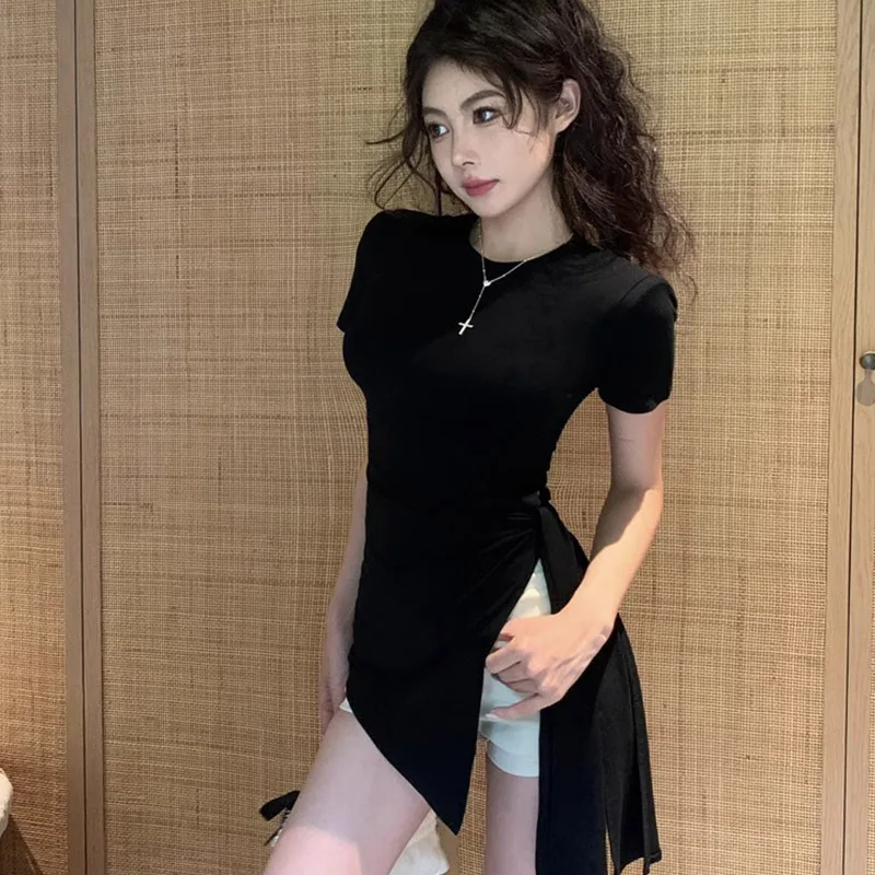 Korean Design Sense Knot Shoulder Short Sleeve Women's Summer Asymmetric T-shirt Waist Cinch Split Elegant Top