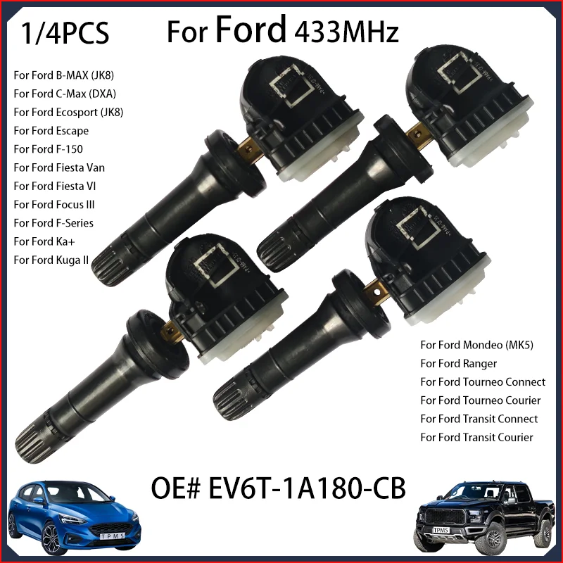 433-MHz-Reifendrucksensor für Ford Ecosport (JK8), Escape, F-150, Focus III, F-Serie, Ranger, Transit, Courier, Fahrzeug-TPMS, EV6T-1A180-CB.