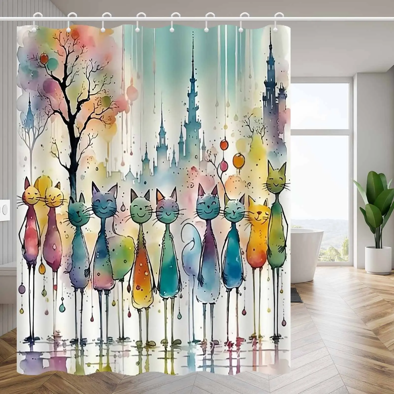 

1 шт., ручная роспись, художественная абстрактная занавеска для душа с котом, высококачественная элегантная занавеска для ванной комнаты, узор украшения ванной комнаты