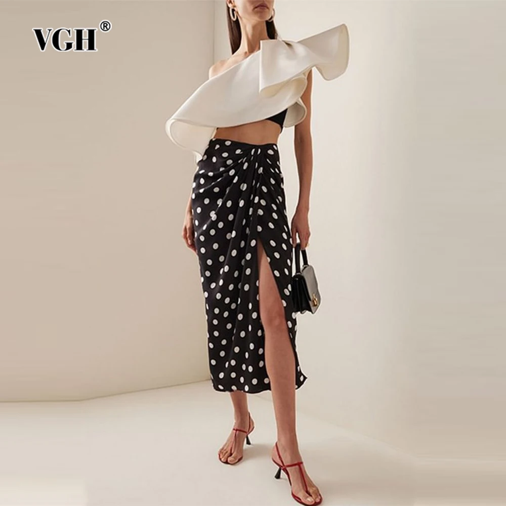 

VGH Hit Color Two Piece Sets For Women Diagonal Collar Sleeveless Tops High Waist Elegant Long Skirts Slimming Set Female New