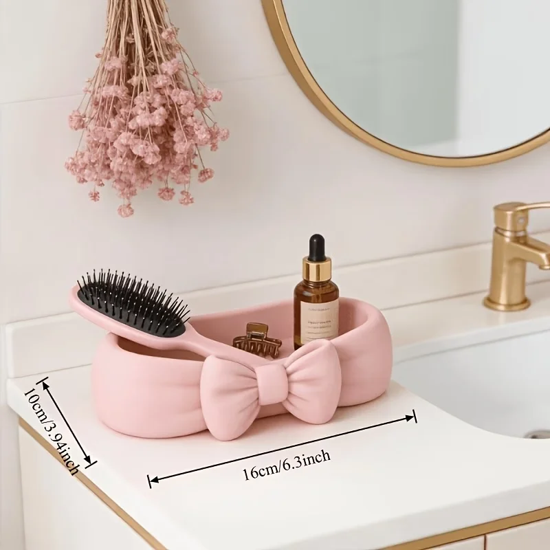 Niedlicher Schreibtisch-Organizer mit Schleife, Rosa Kosmetik-Ablage, Süße Aufbewahrungsbox für Zahnbürste und Hautpflege – Detail 1