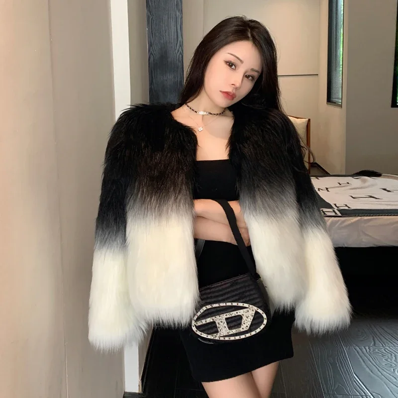 FANIECES Fashion Gradient Faux Fox Fur Coat Cardigan Winter Tops Outerwear Long Sleeve O Neck Fluffy Luxury Feather Jacket 코트